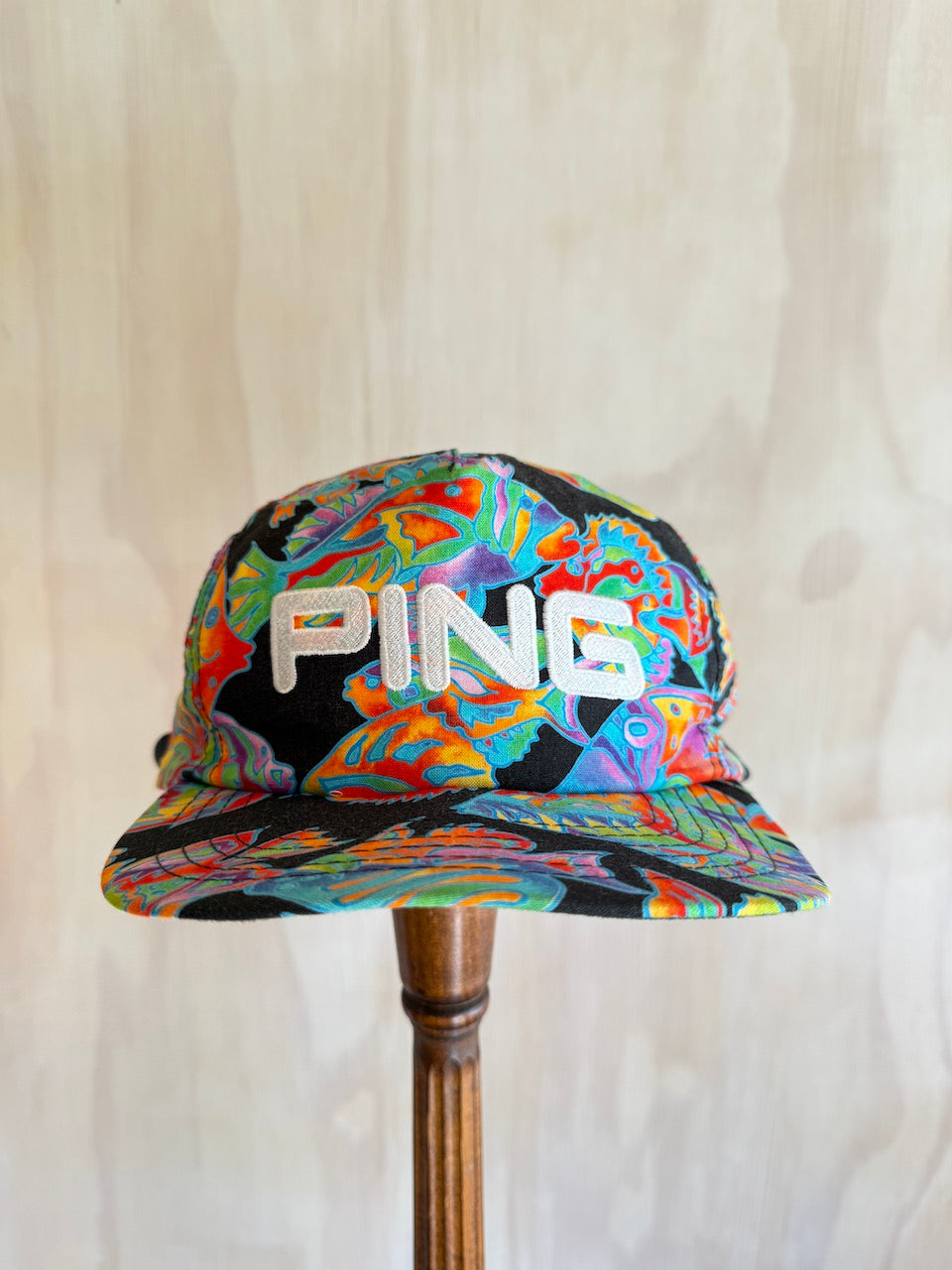 Vintage PING Tropical Fish Golf hat with Leather Strap (missing rope)